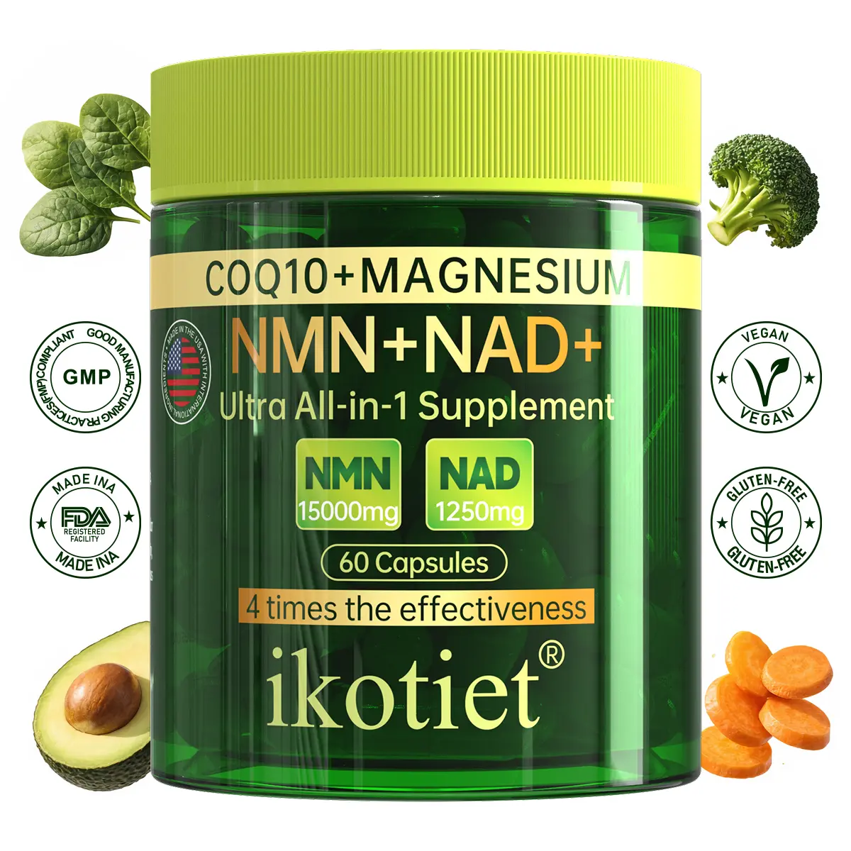 ikotiet NMN Complex Formula Supplement—15,000 mg | NAD+ | Coenzyme Q10 | Magnesium Complex—Supports Daily Health and a Healthy Lifestyle—Liposomal Formula Dietary Supplement, 60 Capsules per Bottle