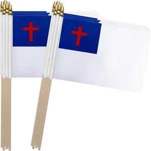 Christian  Cross Stick Flag Religious Small Mini Handheld Flags Decorations,5x8 Inch,12 Pack