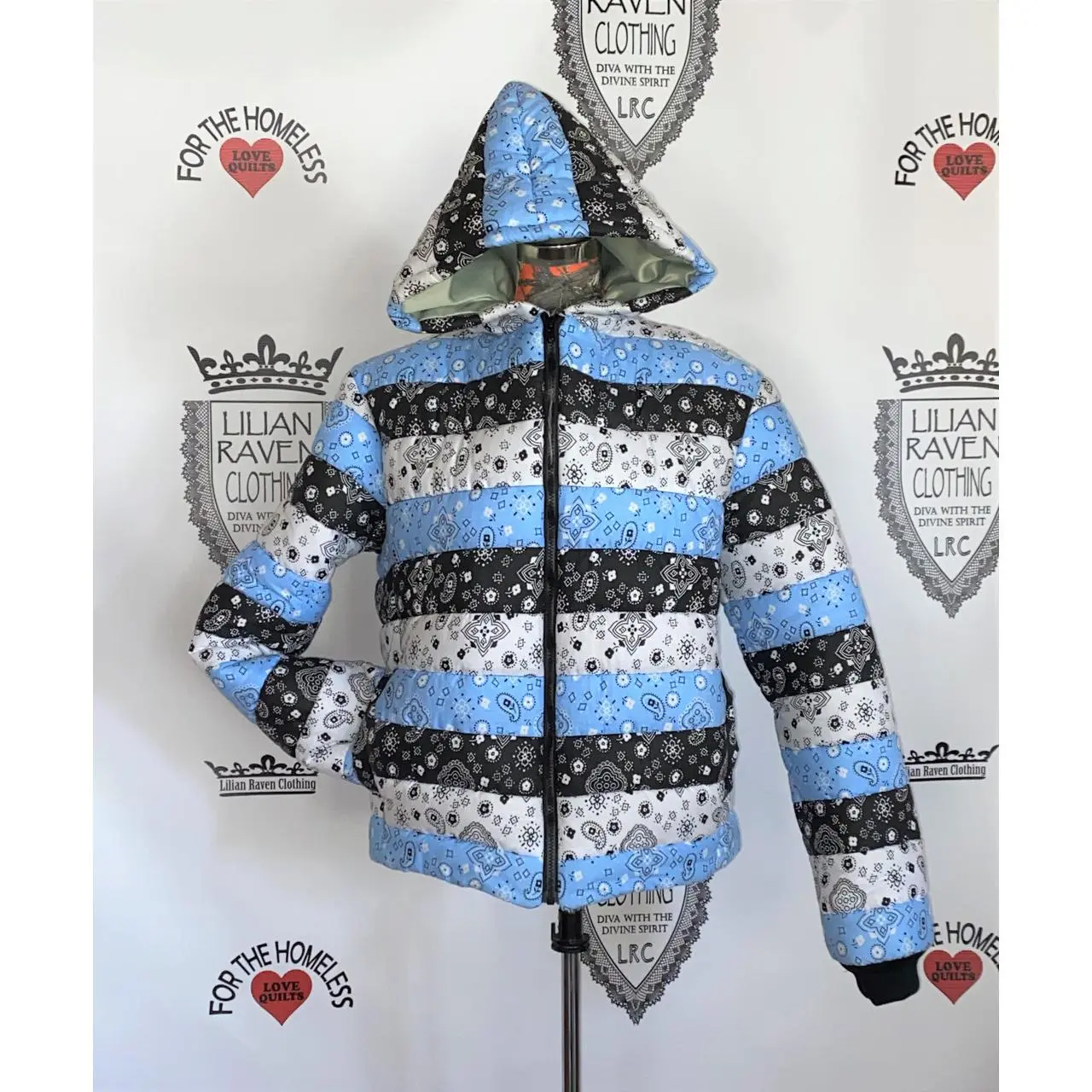 Hooded Bandana Puffer Jacket Black Blue White