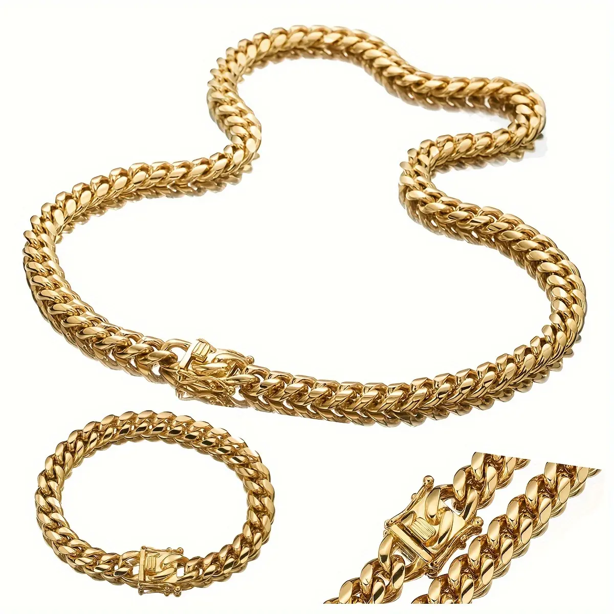 Chunky Gold Chain Jewelry Sets for Men, Classic 2-Piece Stainless Steel Cuban Link Necklace (55-60cm) and Bracelet (22cm), 55Cm To 60Cm