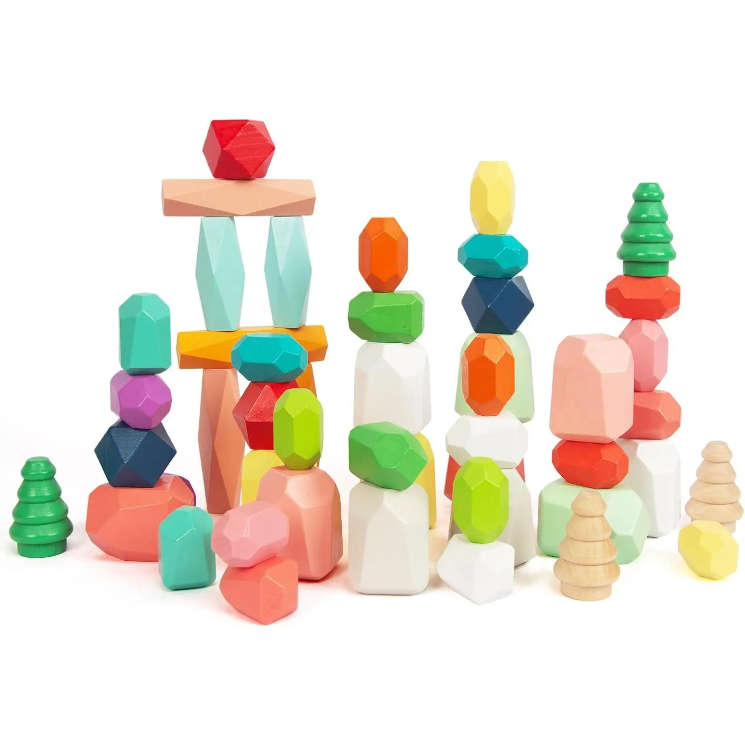 L-ITC042  48 PCS Wooden Sorting Stacking Rocks Stones,Sensory Toddler Toys Learning Montessori STEM Toys, Building Blocks Game for Kids 3-6 Years Boy and Girl Birthday Gifts for Kids