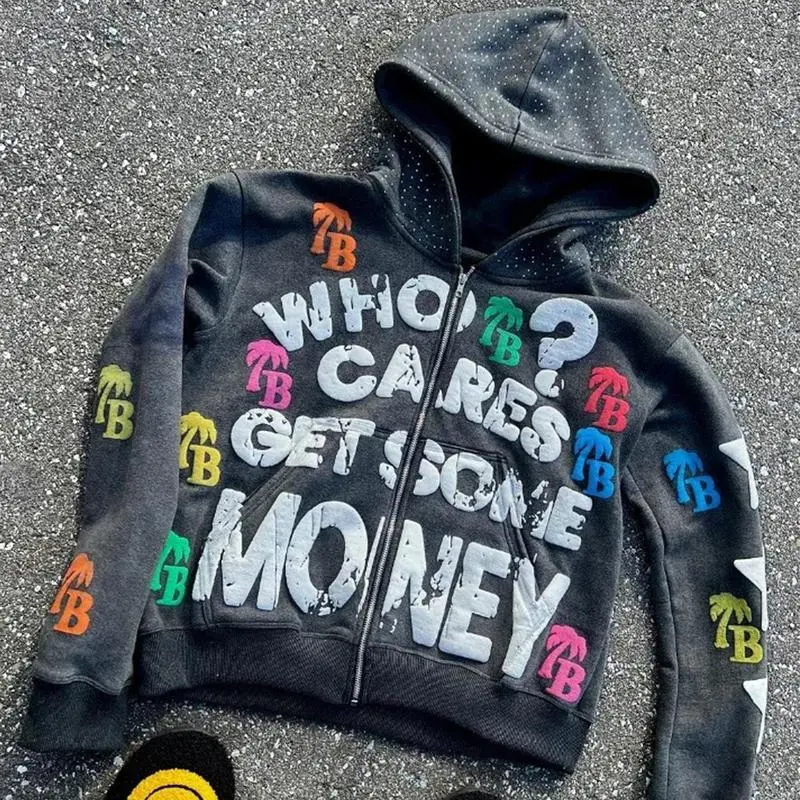 Men's Y2K monogrammed zip-up jacket with long sleeves for punk, gothic, street style.