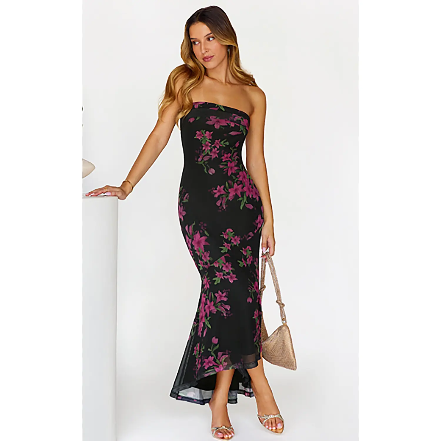 MEROKEETY Women's Summer Strapless Floral Maxi Dress 2026 Bodycon Mesh  Wedding Guest Cocktail Party Tube Dresses - TikTok Shop
