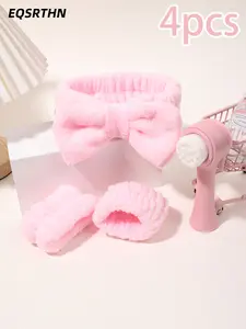4-piece pink skin care hair band gift box-soft face washing hair band and cleansing brush combination, comfortable and practical, suitable for daily cleaning and skin care when fixing broken hair, beauty-loving women must!