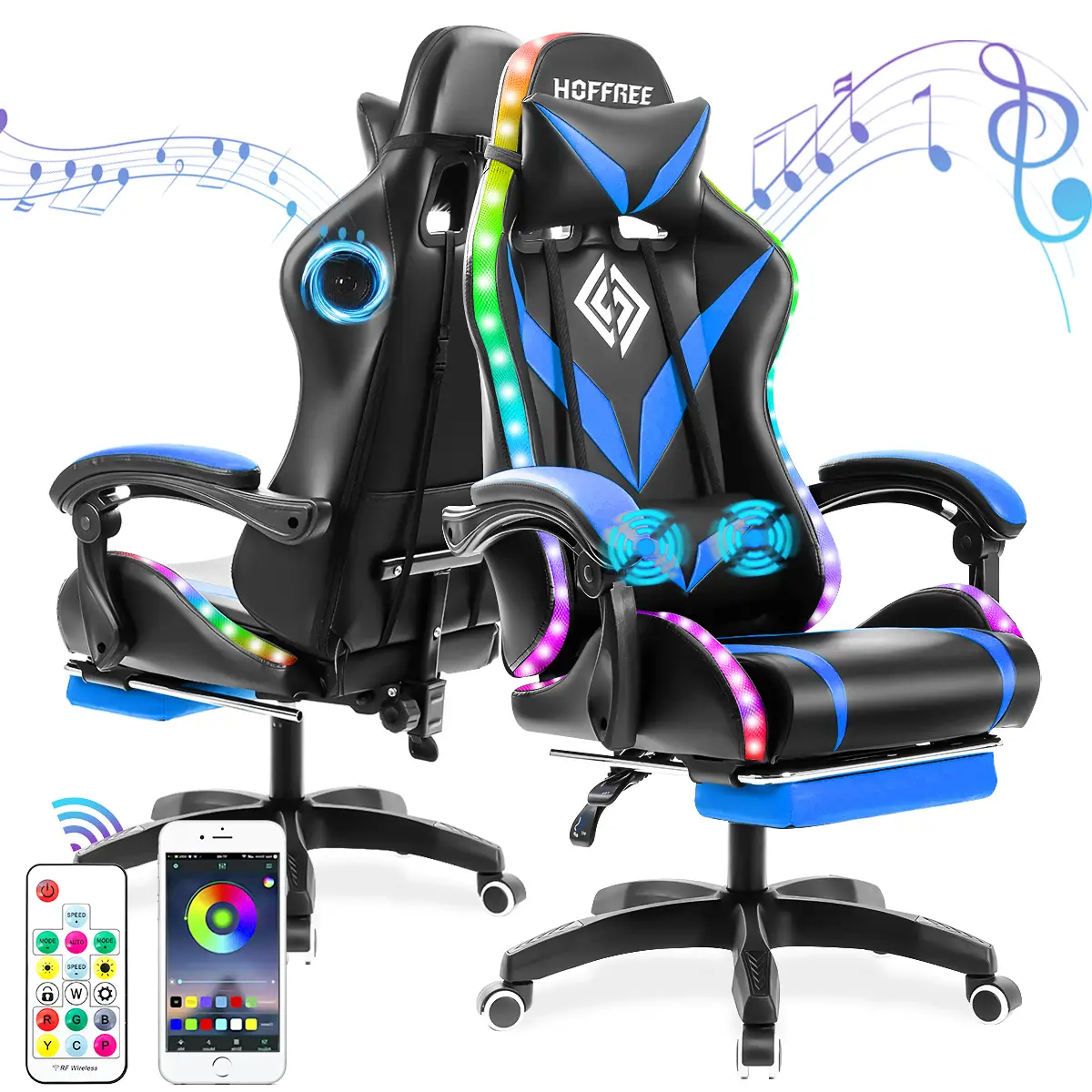 HOFFREE Gaming Chair with Speakers PU Leather Office Chair with Footrest and LED Lights Ergonomic Gamer Chair Headrest Adjustable Swivel for Home Offi