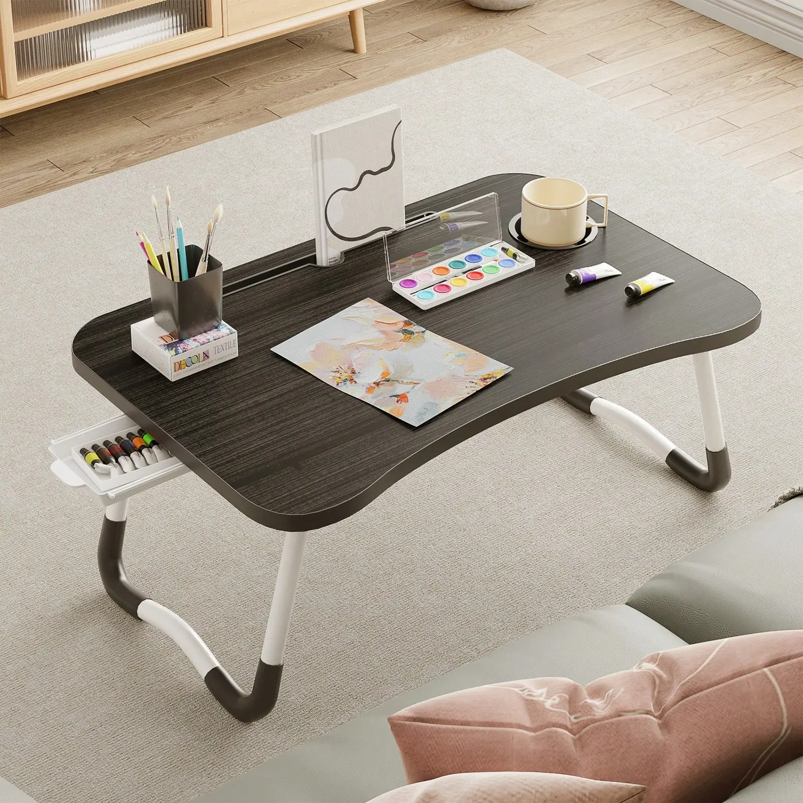 Superlele Folding Lap Desk With Cup Holder, Portable Laptop Stand For Bed Laptop Desk Bed Table Tray With Drawer, Eating Table For Bed Sofa Couch Floor