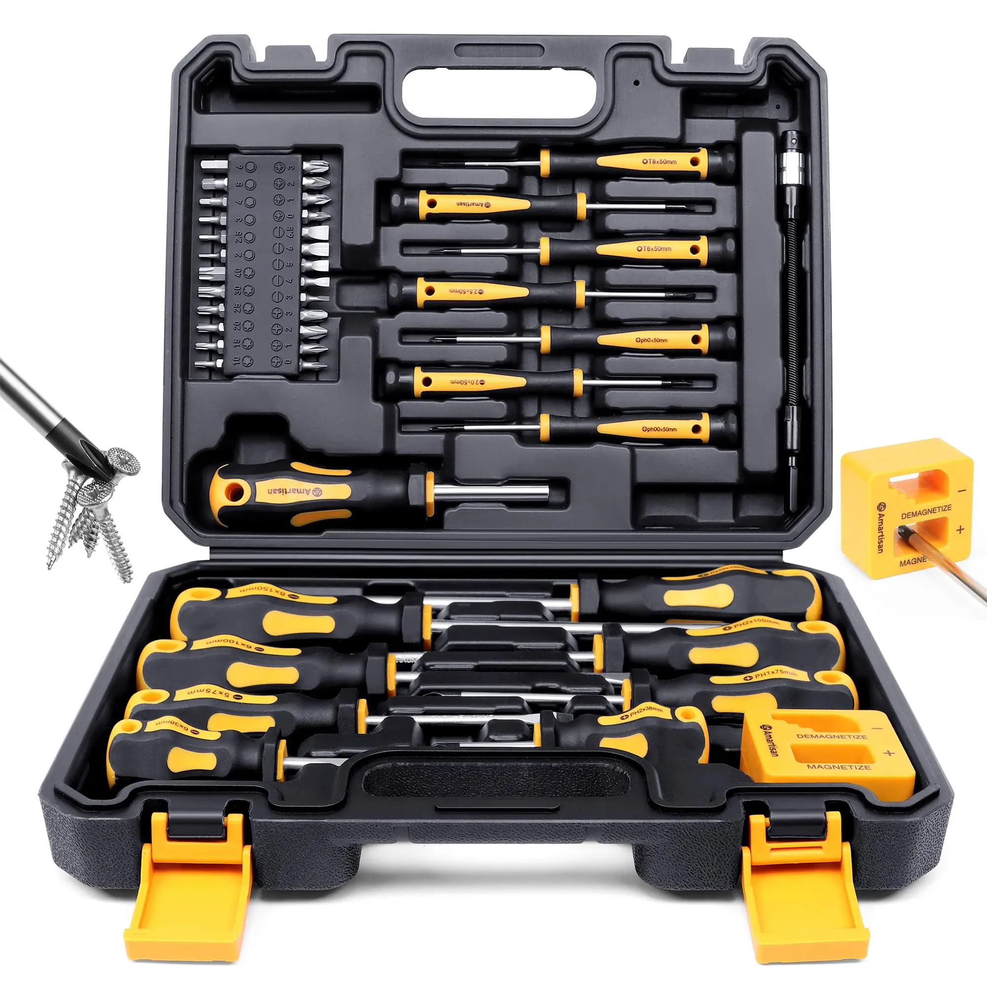 Magnetic Screwdriver Tools Set with Storage Case, Construction Tools, Slotted Phillips Hex Torx Bits Precision Screwdriver Rod Tool Set with Handle, A