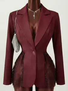 Women's Deep V Slim Fit Burgundy A-Line Lace Patchwork Suit Jacket, Elegant Chic Party Wear, All Season Fashion, Sexy Evening, Womenswear Fitted