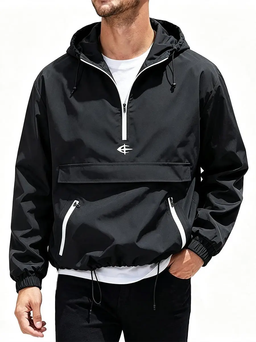 Men's Street-Style Loose-Fit Hooded Anorak Pullover Outer Jacket - Half-Zip Contrast Trim, Large Front Pocket, Zipper Side Pockets, Adjustable Drawstring Hem, Elastic Cuffs, Medium Length, Machine Wash Lightweight Outerwear for City Streets, Weekend Trips
