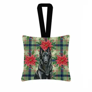 Carolines Treasures WDK8510PO3 3.5 x 3.5 in. Belgian Sheepdog Groenendael Christmas Poinsettias Hanging Square Fabric Ornament
