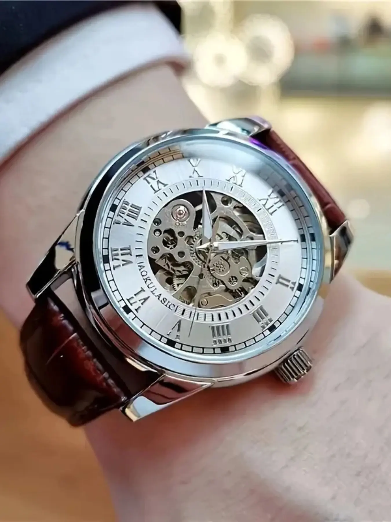 Elegant Men's Automatic Mechanical Watch, Leather Strap, Roman Numerals, Business Casual, Ideal Gift, Skeleton Design, Durable, No Battery, Analog Watch, Mechanical Wristwatches, Business Fashion Watches, High Quality Watches
