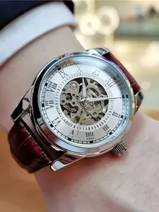 Elegant Men's Automatic Mechanical Watch, Leather Strap, Roman Numerals, Business Casual, Ideal Gift, Skeleton Design, Durable, No Battery, Analog Watch, Mechanical Wristwatches, Business Fashion Watches, High Quality Watches