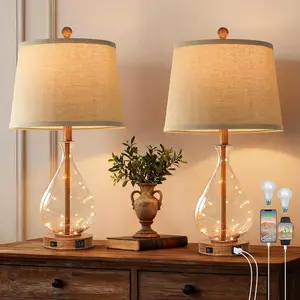 Farmhouse Table Lamps Set of 2 with Night Light, Mid Century Modern Bedside Lamps for Living Room, Glass Nightstand Lamp with USB A+C Ports, Rustic Vintage Table Lamp for Bedroom, Bulbs Included