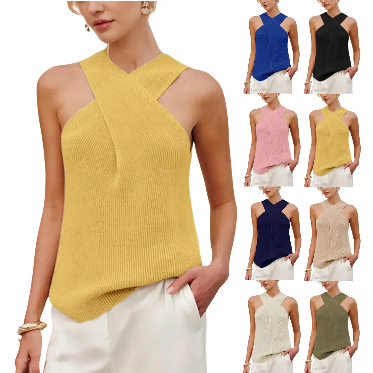 SCUSTY Women Halter Cross Over Collar Tank Knit Sleeveless Top Solid Color Casual Summer Blouse