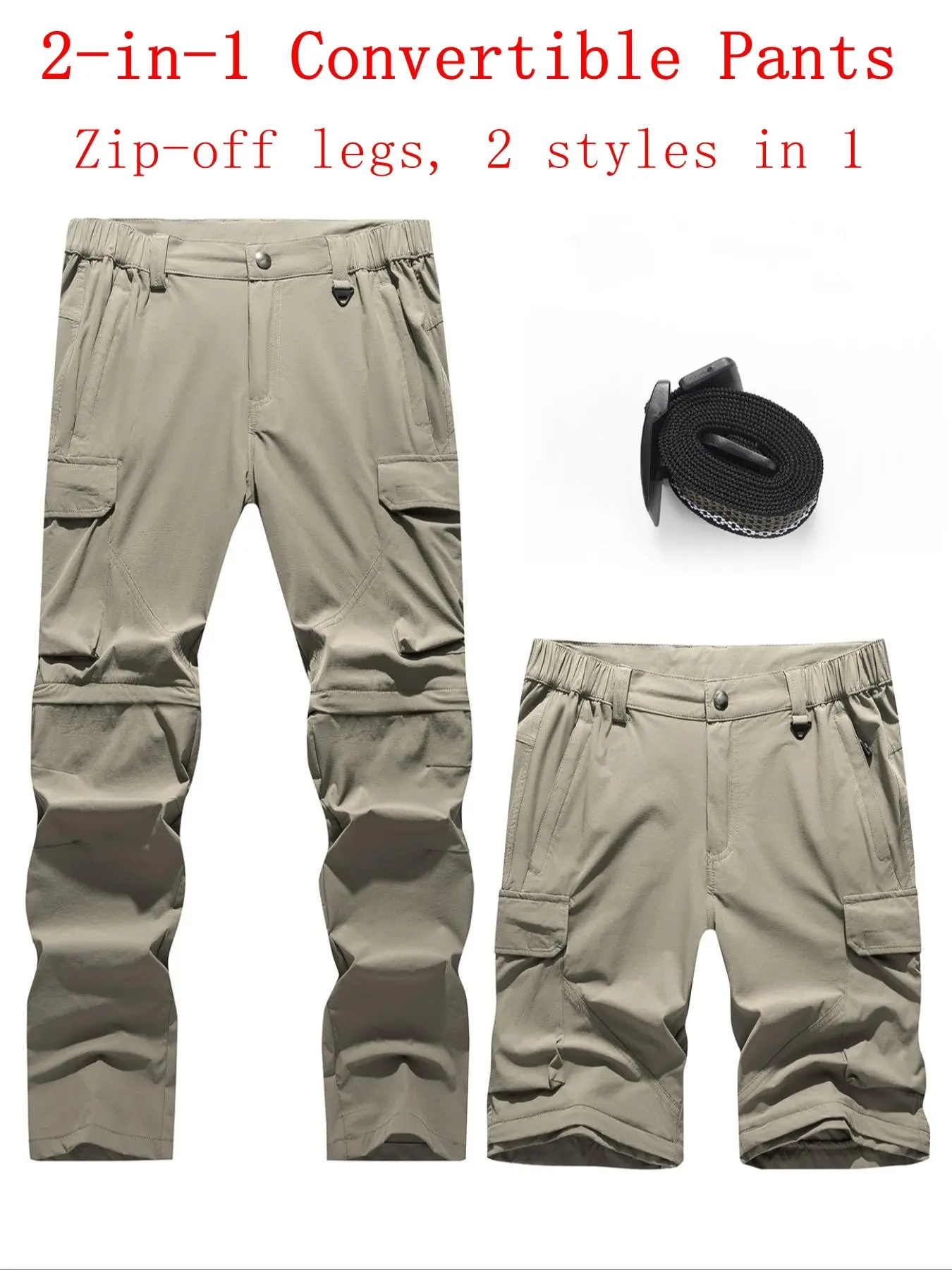 Men's Convertible Hiking Casual Cargo Pocket Design Pants, Casual Pocket Adjustable, Detachable Zipper Sections, Elastic Waist, Lightweight Waterproof Quick-Dry Fabric, Suitable for daily work, outdoor fishing, travel, hiking, and camping.
