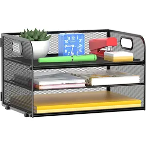 3 Tier Paper Organizer Tray with Handle, Mesh Letter Tray for Office, Home, School (1 Pack), Black