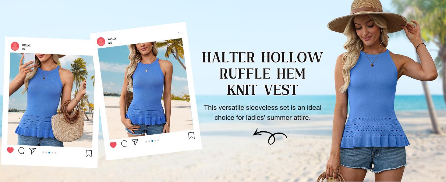 Womens Summer Crochet Crop Tank Tops Sleeveless Halter Neck Ruffle Hem Knit Sweater Vest