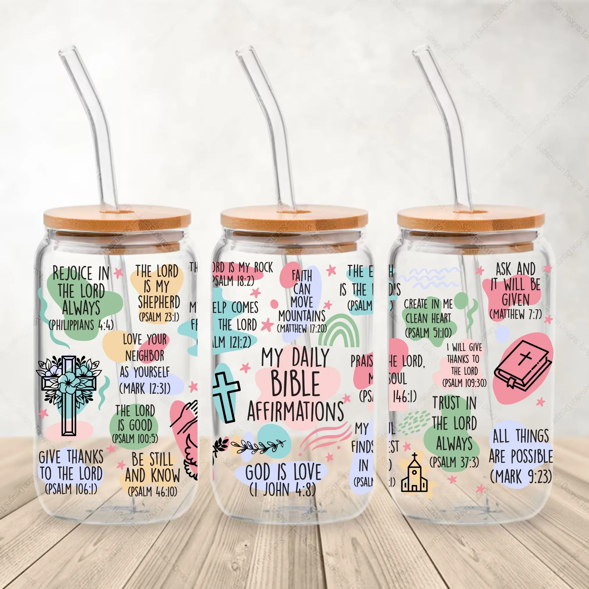 My Daily Bible Affirmations 16oz Libbey Glass Faith-based Collage Scriptures Iced Coffee Cup with Bamboo Lid & Glass Straw for Daily Use