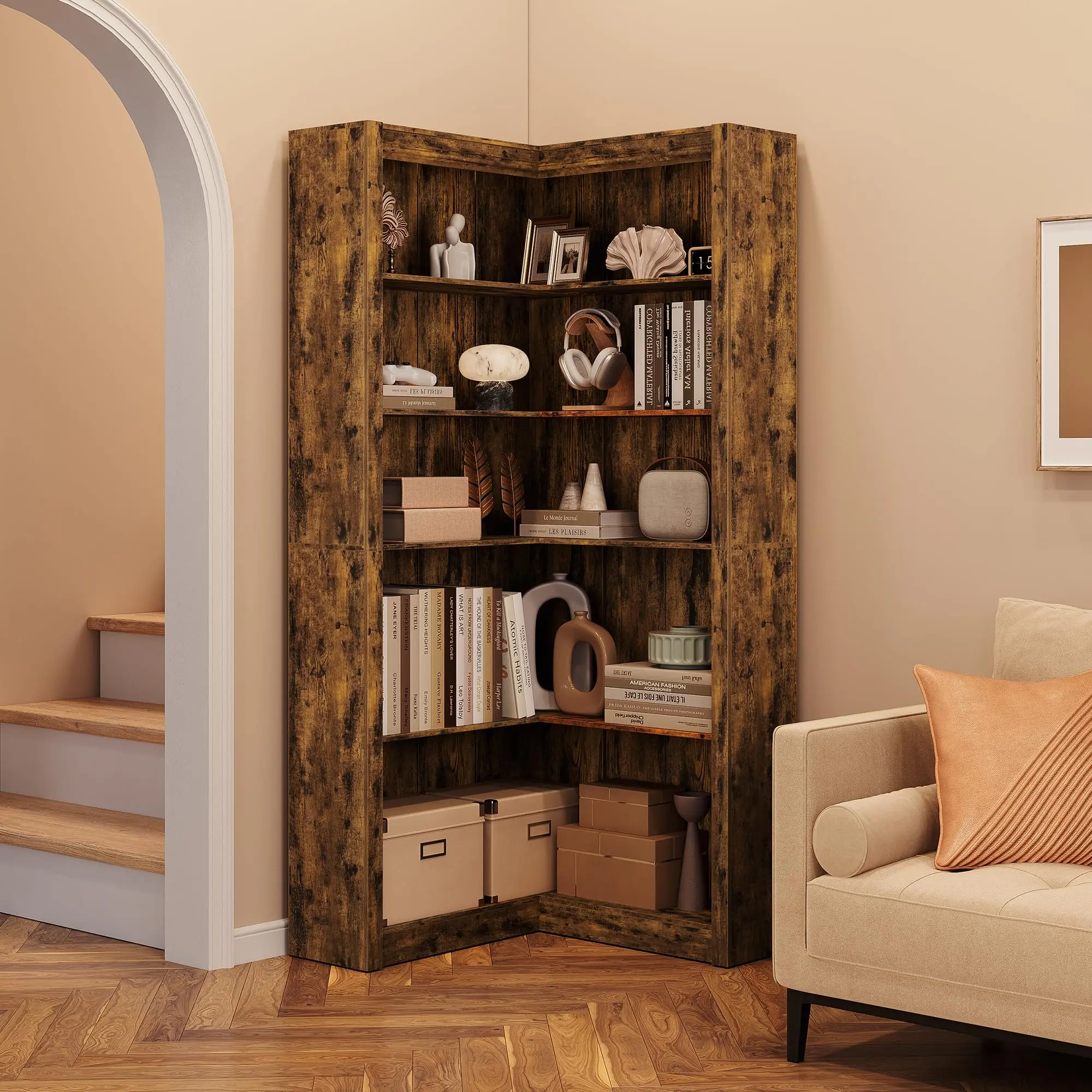 71.8" L-Shaped Corner Bookshelf with Anti-Tipping Kit, Large Tall Storage Bookcase for Living Room & Home Office