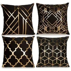 Set of 4 Decorative Cushion Covers Featuring Golden Foil Geometric Designs, Suitable for Sofas And Bedrooms, Does Not Include Pillow Inserts