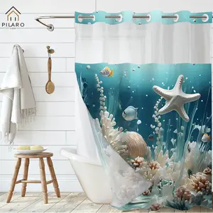 Marine Organism Pattern Shower Curtain,1 Count Double Layer Waterproof Shower Curtain,Removable Shower Curtain with Snaps,Bathroom Supplies,Bathroom Home Decor Set