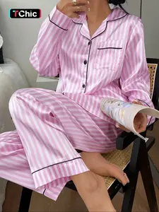 Women's Fashion Striped Colorblock Pajama Set, Casual Button Front Long Sleeve Fitted Shirt & Elastic Pants, Soft Satin Homeewear, pjs