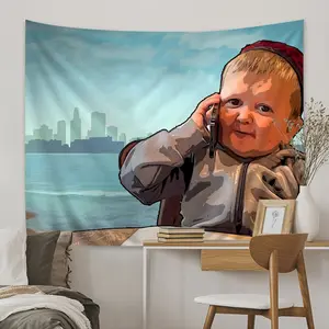 Funny Hasbulla Meme Tapestry, Cartoon Style Kid on Phone Print Wall Hanging, Trendy Meme Decor for Bedroom Living Room Dorm