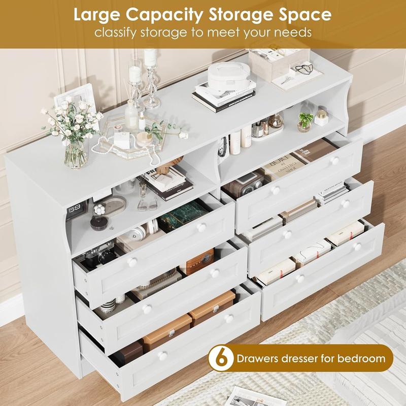 White Dresser for Bedroom Deep Drawers, Wide Wooden Bedroom Dressers with Power Outlet and Led Lights, Large Modern 6 Drawers Dressers and Tv Stand Dresser for Living Room, Hallway