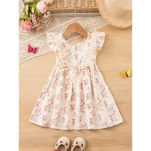 Girls' Casual Floral Printed Dress Summer New Small Sleeve Print with 2 Bowknots Knee-Length, Suitable for Girls 3-8 Years, Holiday Party Vacation Gift
