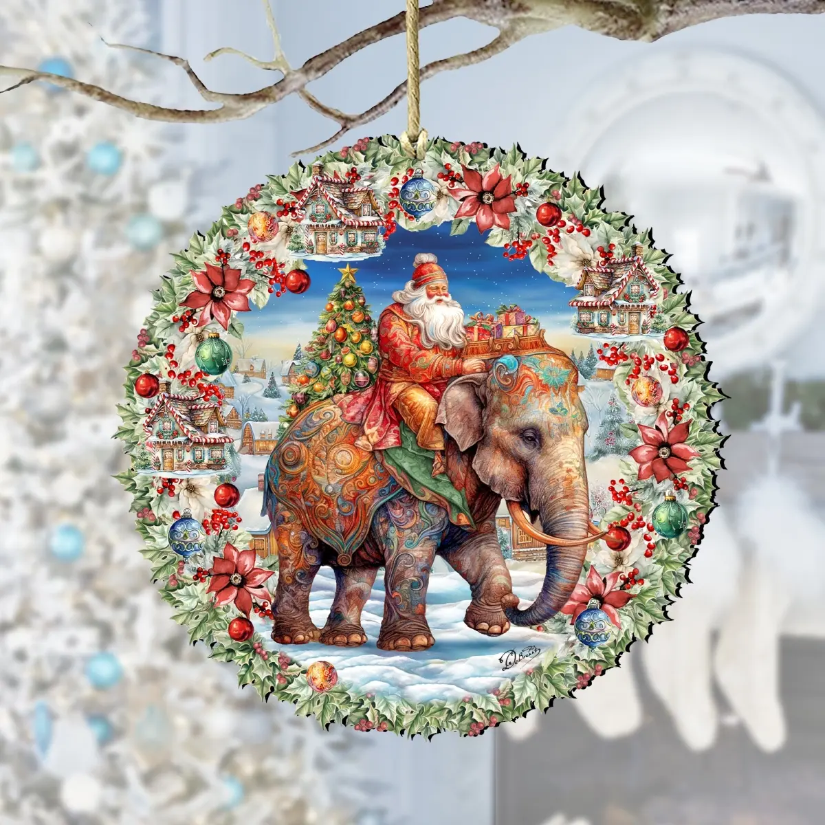 Designocracy 8611043 Handmade Sturdy Wood Artistic Christmas Ornament - 5x5.5x0.25 in Santa on Elephant Wreath Decoration, Festive Home Accent, Holiday Gift, Gift Bag Compatible