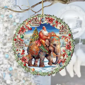 Designocracy 8611043 5 x 5.5 x 0.25 in. Santa on Elephant Wreath Wooden Christmas Santa Snowman Decor Ornaments