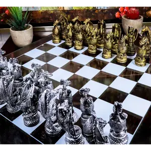 Ebros Fantasy Dragon Dungeon Kingdoms Resin Chess Pieces With Glass Board Set