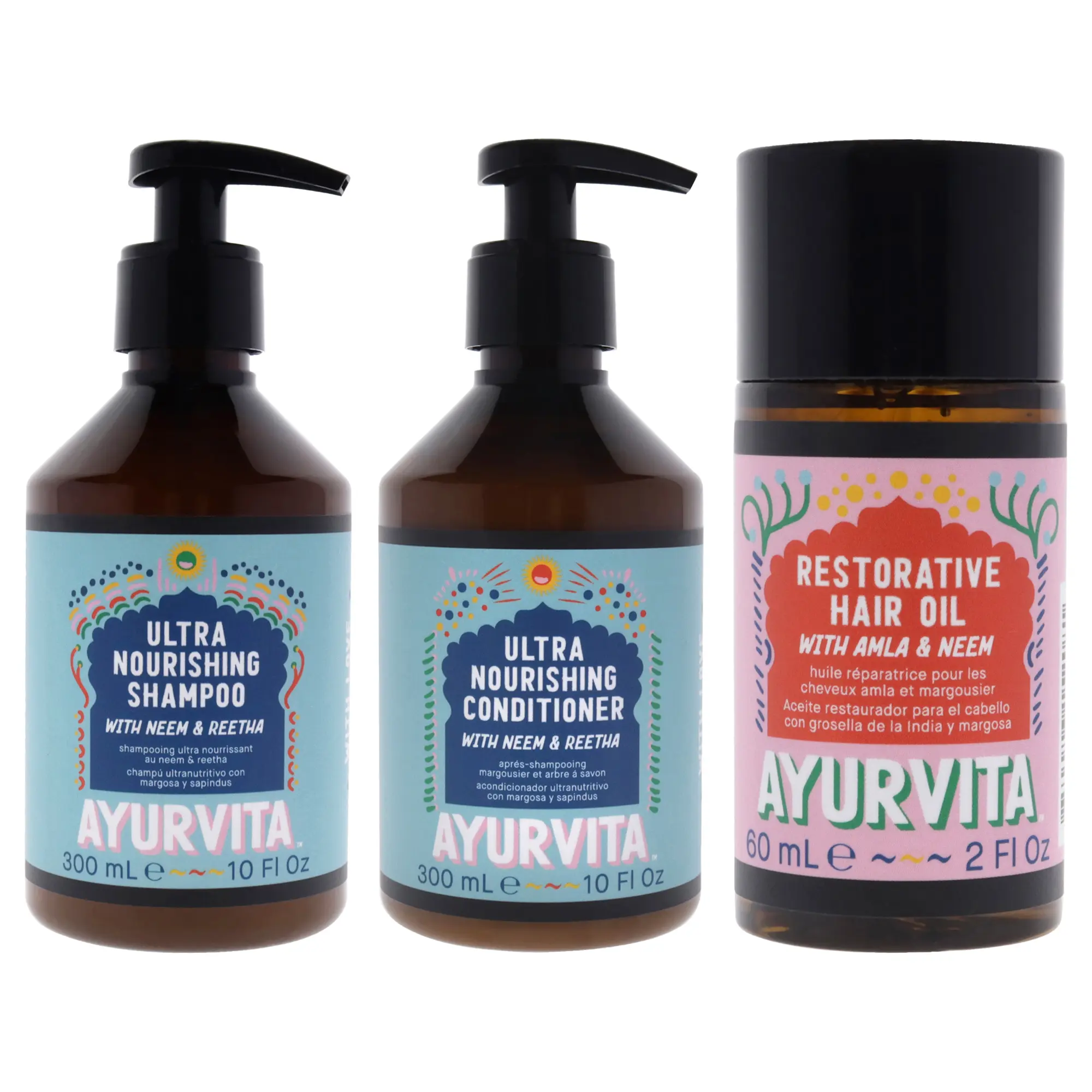 Neem and Reetha Ultra Nourishing Conditioner and Shampoo with Amla and Neem Restorative Hair Oil Kit by AyurVita for Unisex - 3 Pc Kit 10oz Conditioner, 10oz Shampoo, 2oz Oil Moisturizing Anti-Frizz Moisture Repair Set