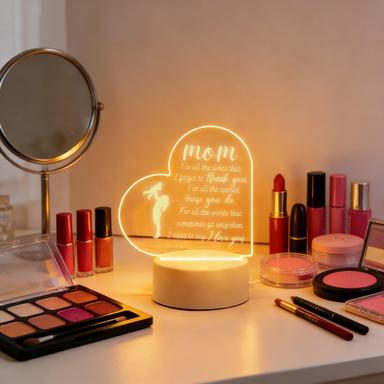 Mom Thank You Heart 2D Acrylic LED Night Light, Warm White USB Bedside Lamp, Mother's Day Birthday Gift for Mom, Bedroom Home Decor