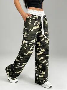 Women's Gym Yoga Running Pants, Colorblock Waist Design, Camouflage Print, High Elasticity, Loose Fit, College Style Straight Leg, Camouflage Sports Pants