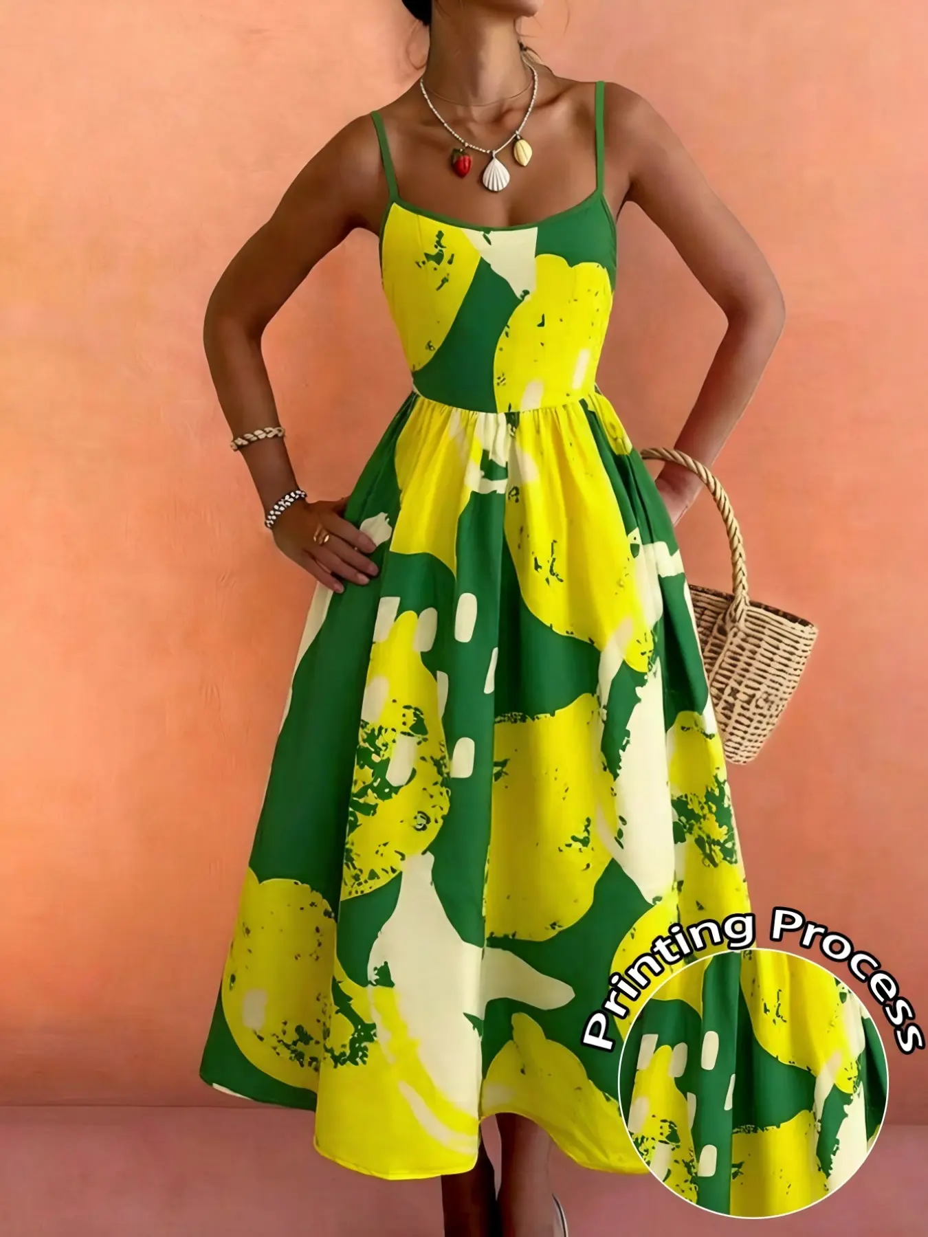 Women's Casual Resort Wear, Spaghetti Strap, Lemon and Banana Fruit Print, Pleated Back Design, Comfortable Beach Dress, Boho Beach Sundress, Boho Summer Clothes, Spring/summer Fashion, Bohemian Summer Dresses, Boho Fashion Dress