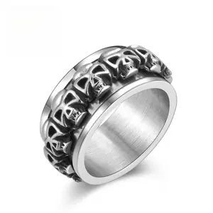 Skeleton Skull Spinner Ring for Men Stainless Steel Gothic Punk Band Rotatable Anxiety Fidget Ring Biker Jewelry Heavy Metal Hip Hop Rock Accessories Polished Silver Black Finish Birthday Anniversary Gift for Him Boyfriend Husband Son Masculine Rings tikt