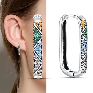 925 Sterling Silver Colorful CZ Geometric U-Shaped Hoop Earrings Womens