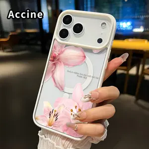 Magnetic Soft Case for iPhone 17 Pro Max 17 Air Non-Yellowing Drop Protection Transparent Acrylic Pink Peach Pattern Shockproof Silicone Cover Supports Wireless Charging
