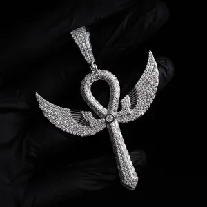 Moissanite Large 3" Ankh Cross w/ Angel Wings 925 Sterling Silver