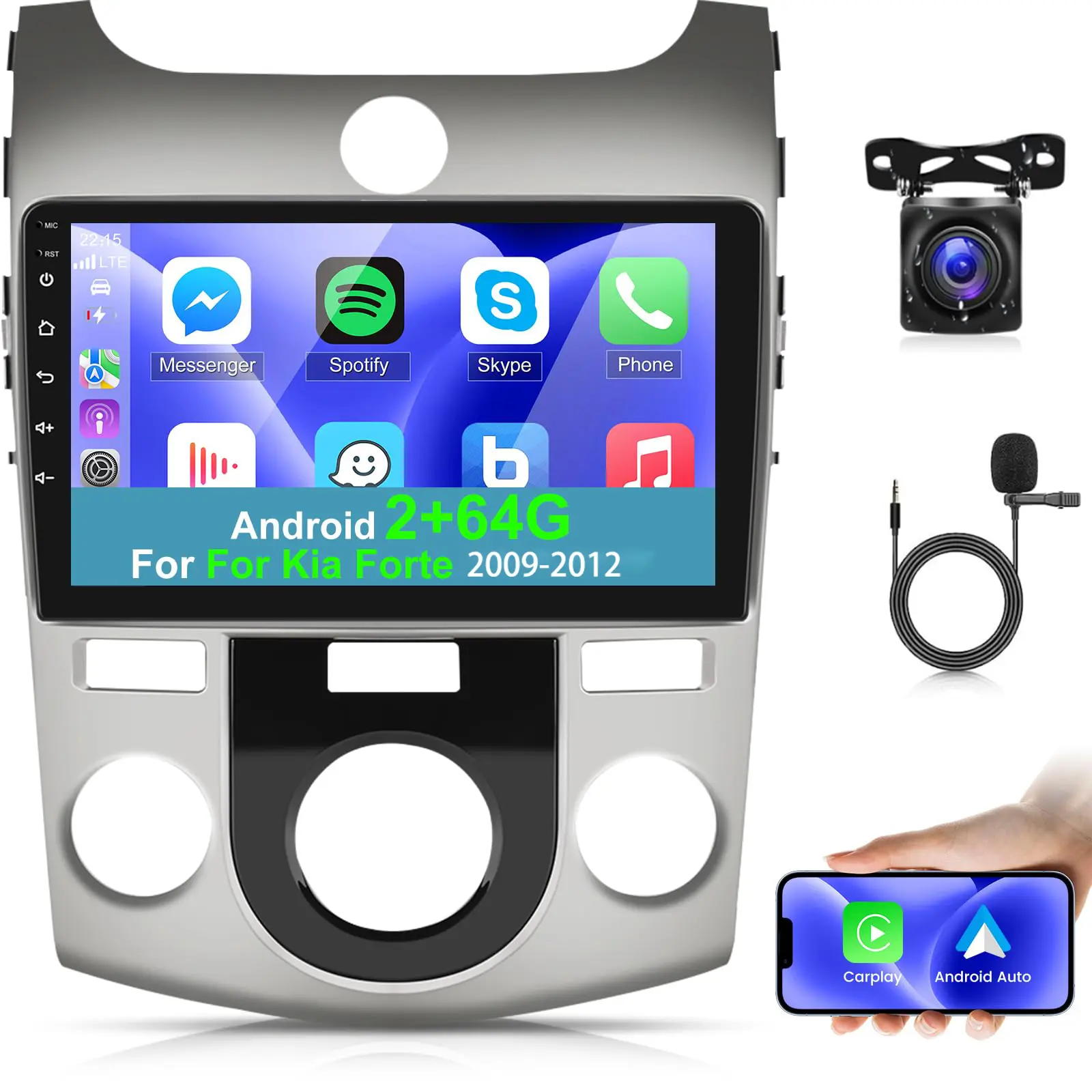 9-Inch Tempered Glass Touchscreen Android CarPlay Car Stereo for KIA Forte 2009-2012, 2GB/4GB RAM, Hi-Fi Sound, Wi-Fi, SCW, AHD Backup Camera, Hotspot, GPS Navigation, Wireless Sync, Screen Mirroring, Double USB Adapter Inputs, Built-in Mic