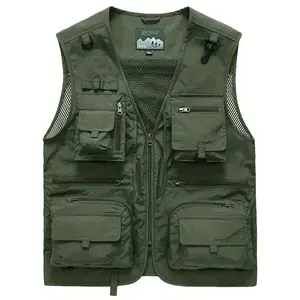 Men’s cargo vest with zipper pockets and a casual V-neck design, suitable for spring and summer outdoor activities such as fishing and photography.