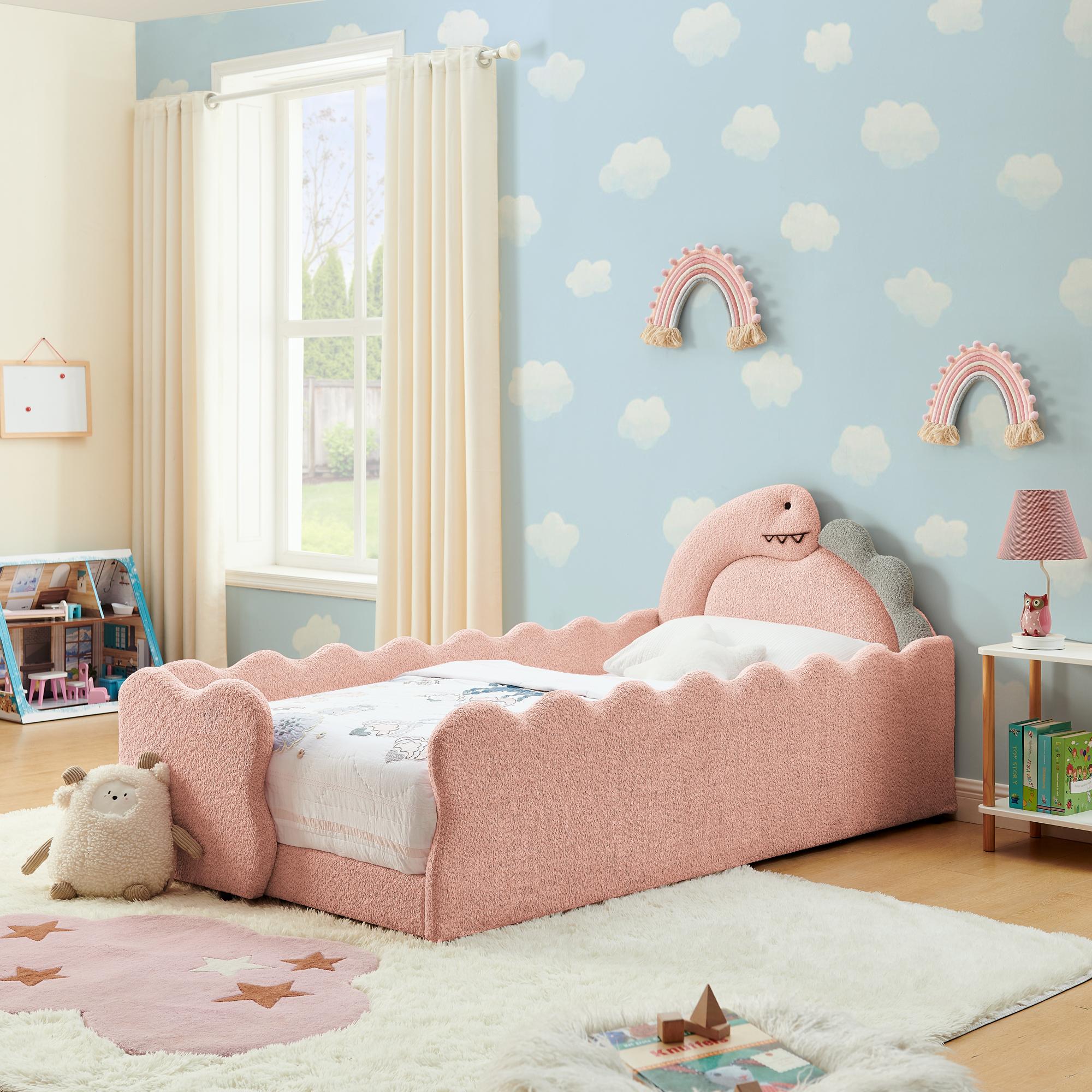 Twin Size Kids Daybed with Dinosaur-Shaped Headboard, Upholstered Boucle Fabric Bed with Safety Guardraild, Cute Kids Daybed for Girls Boys, Pink
