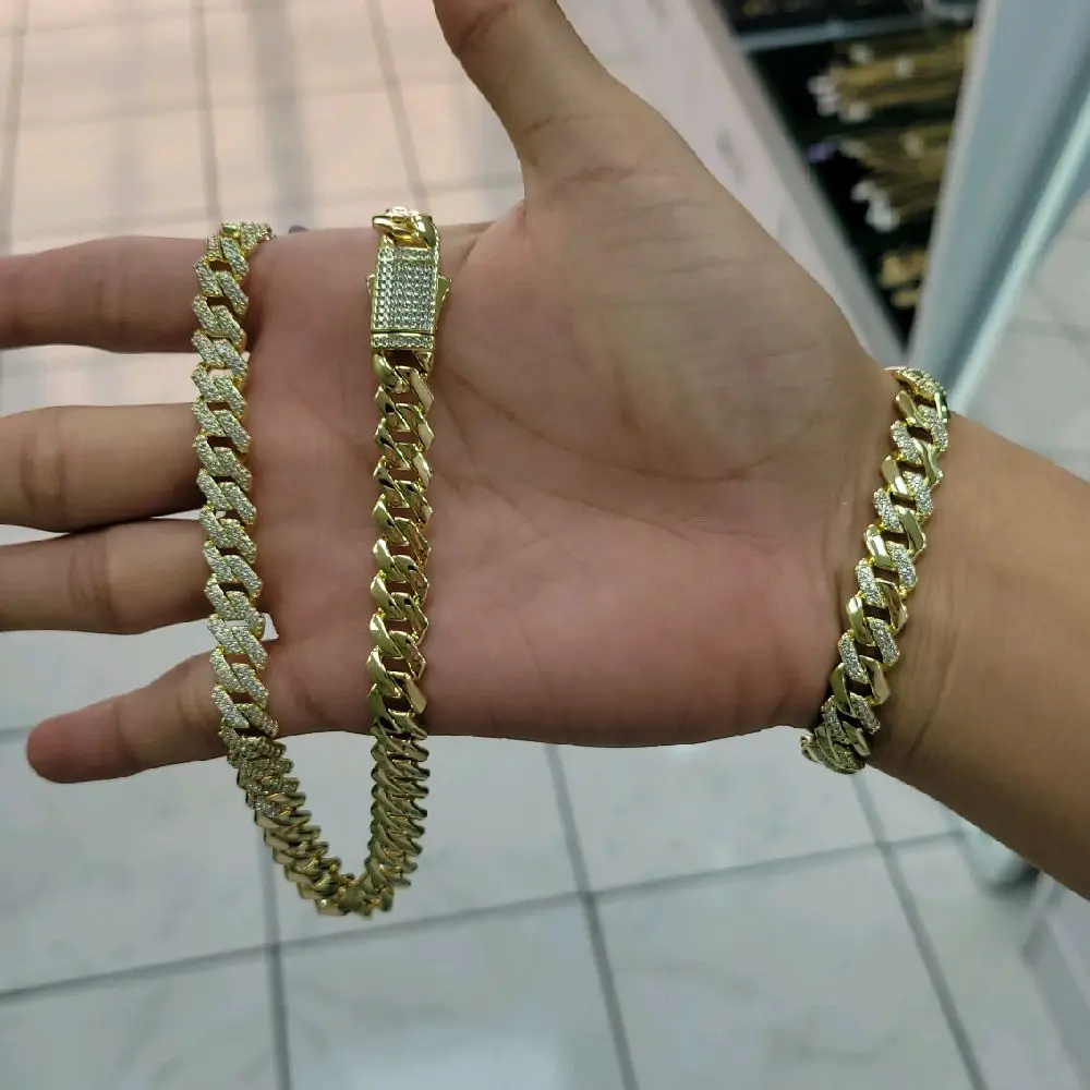 14K Gold plating solid miami cuban link set with cz chain 18" bracelet 8" oro laminado set de miami cubano