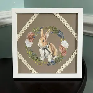 9" x 9" White Frame Easter Bunny Decoupaged on Wood Slate with White Twine Boarder for Festive Decor