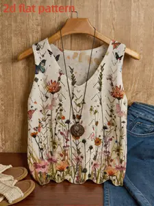 Women's V-Neck Vest, Floral Pattern Digital Print, Fashionable Summer Top, Trendy Ladies' Blouse, Music Festival Wear