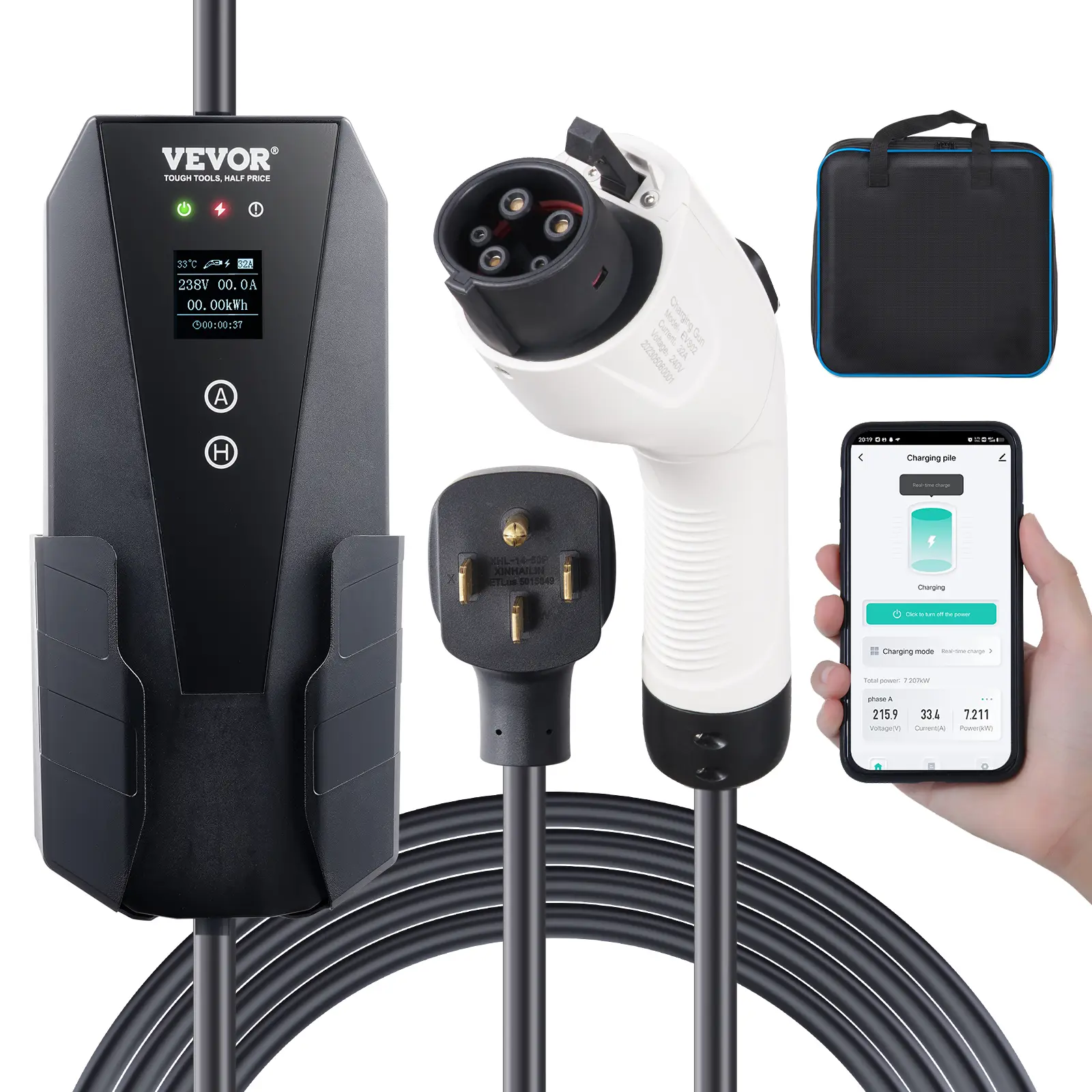 【summerfinds】VEVOR Level 2 Portable EV Charger, , 32 Amp 240V, Electric Vehicle Charger with 28 ft Charging Cable NEMA 14-50P Plug, 16/20/24/32A Adjustable Current Plug-in Home EV Charging Station for SAE J1772 EVs