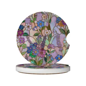 Set of 2 Ceramic Purple Wildflower Print Car Coasters, Stained Glass Look Floral Car Cup Holders, Floral Interior Car Accessories, Car Decor