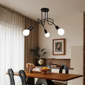 Three-Light Curved Tube Ceiling Light Fixture, E27 Socket Base, Nordic Style Design, Creative Home Decor Lighting for Bedroom & Living Room