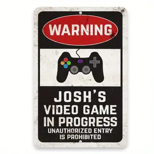 Room Decor 1Pc Personalized Vintage Gaming Warning Sign, Custom Aluminum Wall Art With Pre-Drilled Holes, Ideal For Home, Office, And Party Decor, Unique Housewarming Gift
